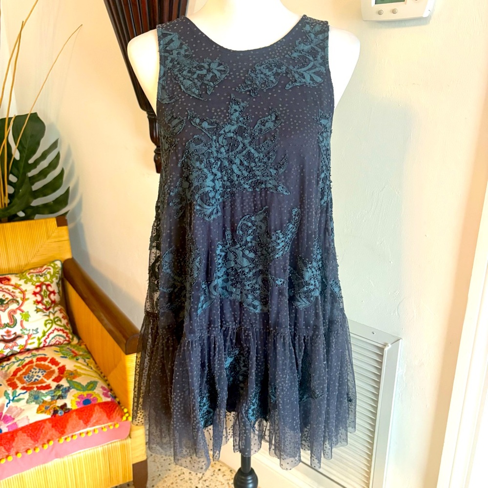 ANTHROPOLOGIE Blue Neomia Appliqué Sleeveless Swing Mini Dress or Tunic Top! Sm